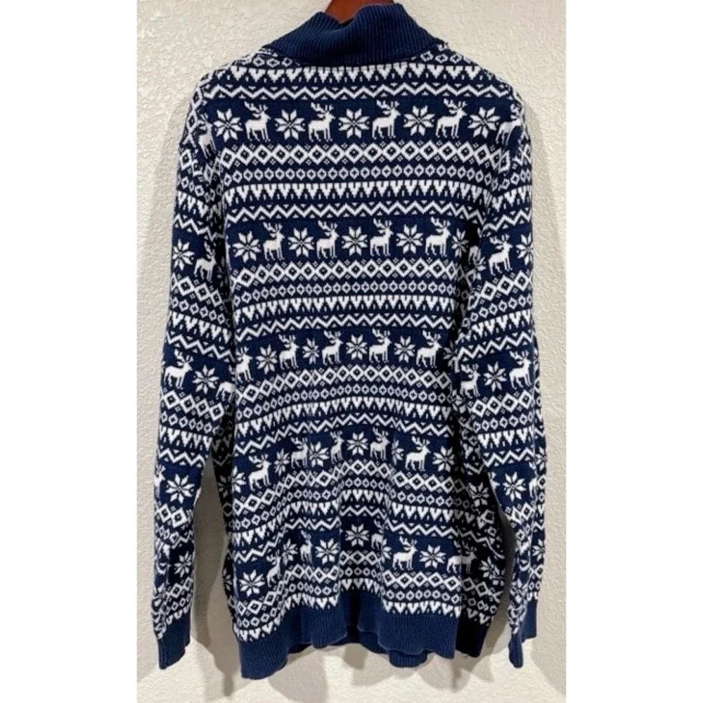 Mens 2XL Tall Fair Isle Reindeer Quarter Zip Cotton Sweater Nordic Ski Lodge